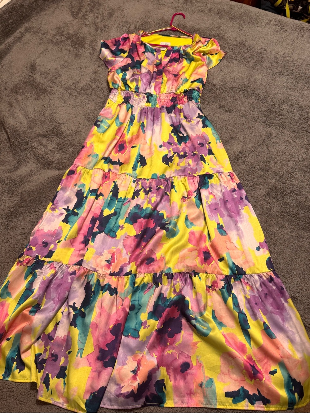 Floral Watercolor Yellow Maxi Dress with Tiered Skirt